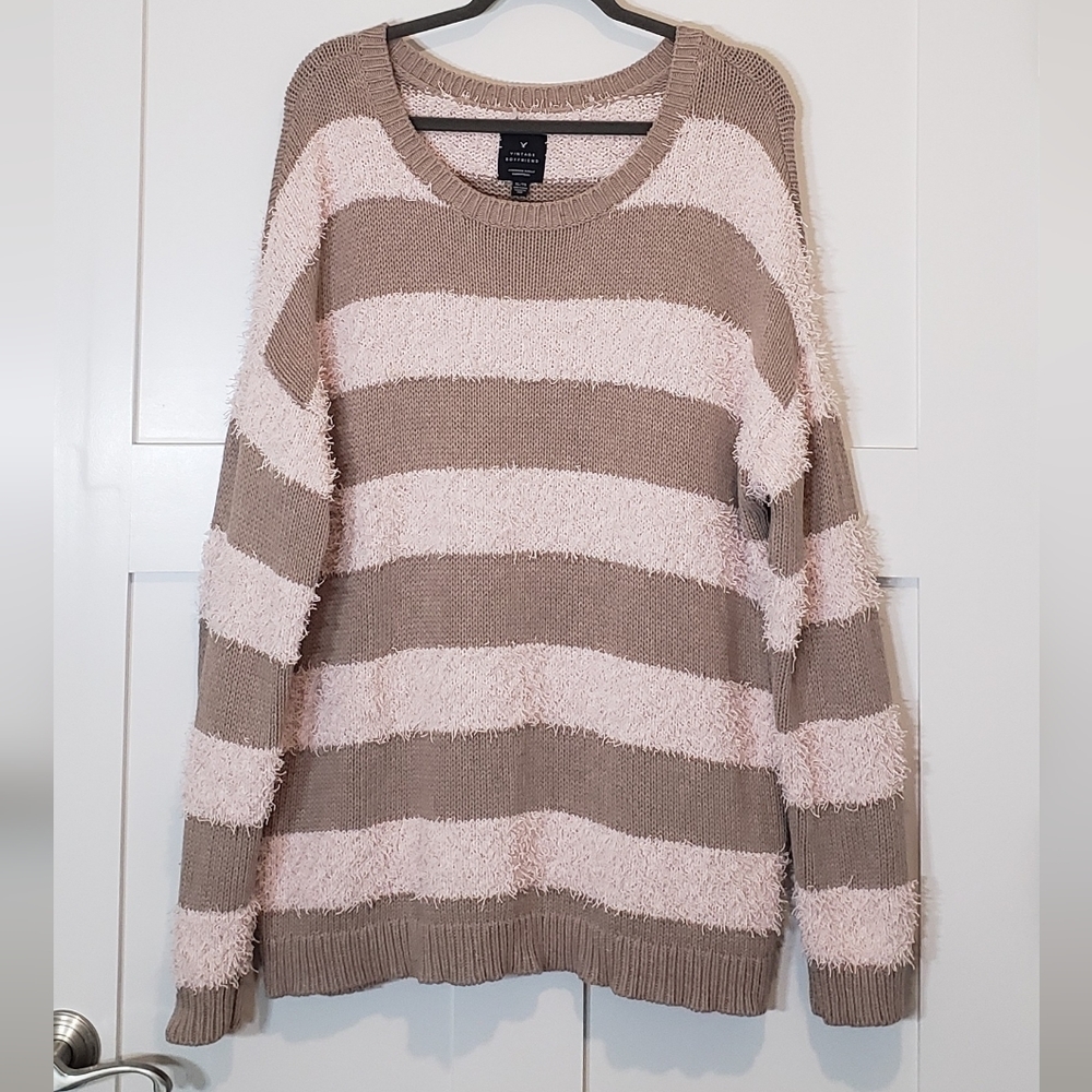 American Eagle Vintage Boyfriend Pullover Sweater Taupe & Light Pink Siz